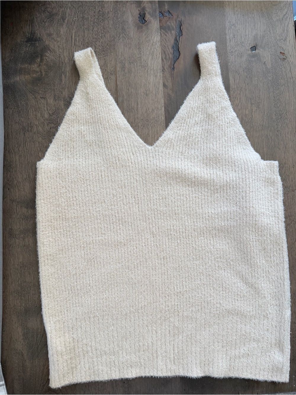 Joie Fuzzy Ribbed Knit Sweater Tank Top Cream Ivory V-Neck Soft Size Large
